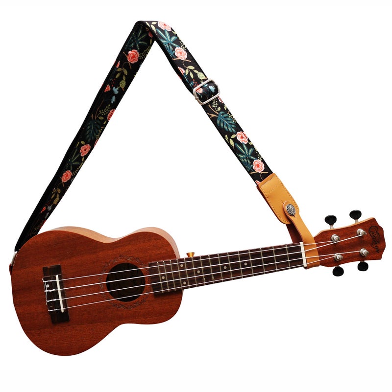 MUSIC FIRST Original Design â€œDark Night Gardenâ€ Soft Muslin & Genuine Leather Ukulele Strap Ukulele Shoulder Strap With a Genuine Leather Strap Locker - Image 3